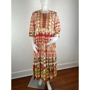 Biba Women Red Yellow Floral Cotton Tiered Maxi Anarkali Dress Size 38 NWT
